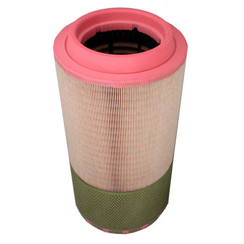 Pleated air filter with bottom green section of filter media. Pink end caps with top inlet.