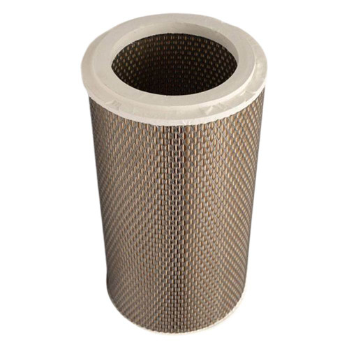 Compressed air filter with white end caps and wire mesh.