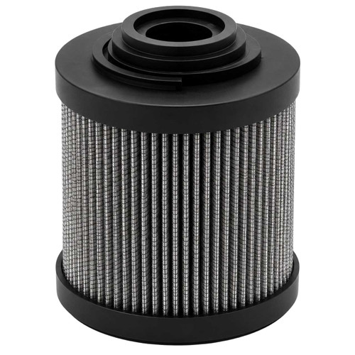 MP Filtri MF1002P25NBP0 hydraulic filter replacement. Pleated filter with black end caps. Top inlet and open inside diameter on bottom.