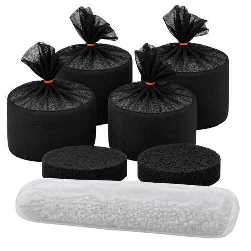 145-5761 carbon bag oil-water separator kit. Four black carbon media bags, one white pad, two foam filters, and white bag of media.
