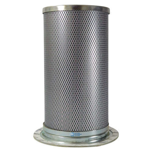 Sullair 02250048-712 air oil separator equivalent with metal perforated body and top flanged with gasket shown on bottom.