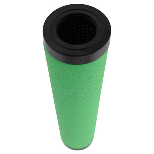 SULLIVAN-PALATEK PE128 coalescing adsorber filter replacement. Green filter media. Top open end cap and bottom closed with black piece.