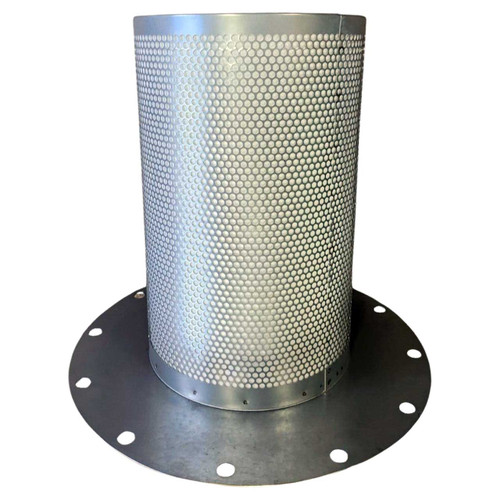 Aftermarket air/oil separator with metal perforated body and top hat flange shown on bottom with holes. Replaces Mann Filter 49 306 52 171 separator.