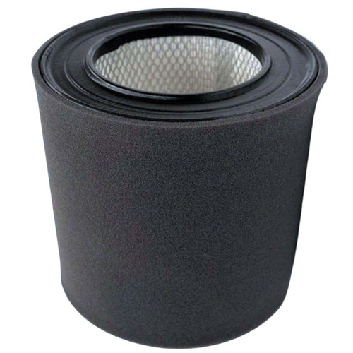 Solberg 244P air filter replacement. Black pre-wrap over pleated air filter with wire mesh and black end caps.