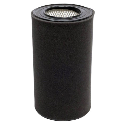Tall air filter with pleats, black pre-wrap, wire mesh, and black end caps.