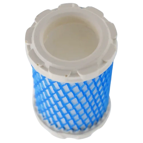 Finite 10CU10-025 coalescing filter replacement. White filter media with blue mesh and heavy-duty molded rubber end caps.