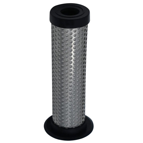 Hankison E7-20 coalescing filter replacement. Metal perforations with black top inlet end caps and a black bottom base.