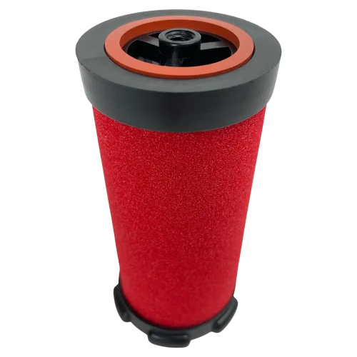 WILKERSON MTP-95-551 coalescing filter replacement. Red filter media with top black inlet, smaller center hole, and top orange gasket. Red filter media with bottom black base.