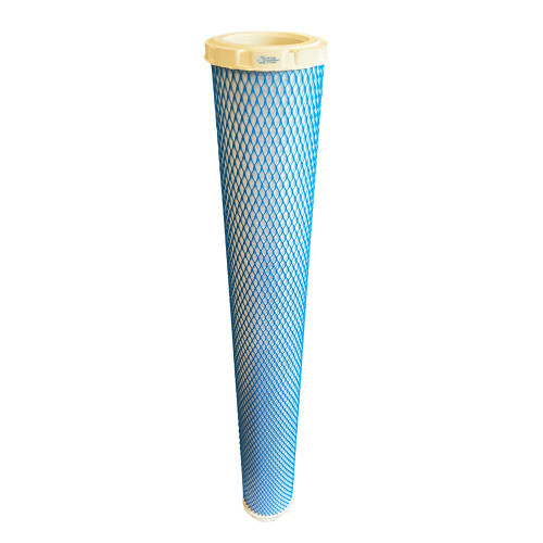 Pneumatech P235-25 coalescing filter. White filter media with outer blue mesh liner. White end caps on both ends.