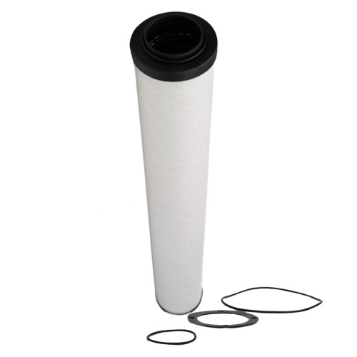 White coalescing filter with black endcaps and three O-Rings. Top open end.