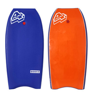 4Play Boost  - with PE core, deck substrate and twin stringers. A tight hi-flex PE board with great recoil.
Available with 42/44"(40" out of stock) lengths. Perfect, classy  mid level 4Play PE board good for up to 6' breakers.
Deep Blue deck with orange slick.