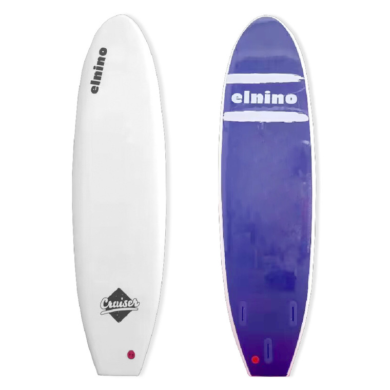 Elnino Cruiser - white deck with dark blue slick. With single swivel legrope and detachable triple fin system (110kg learner). Proven mal shape with plenty of volume - all levels can use this great softboard. Ready to use out of the box.