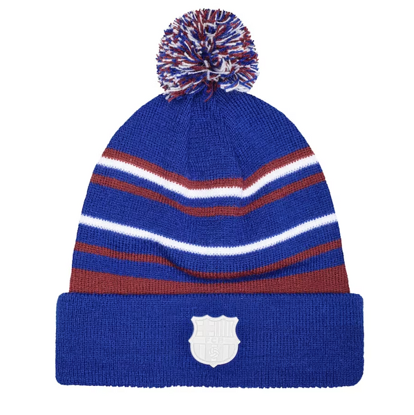 Blue Barcelona Casual Cuffed Knit Beanie Hat with Pom