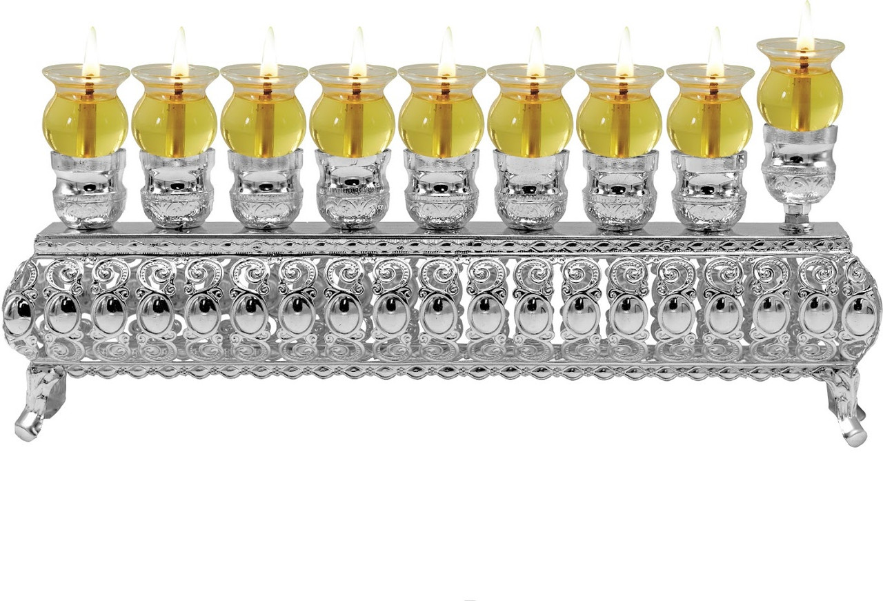 Oil Menorah Silver Plated W 11” H 4” Great Hanukkah Gift