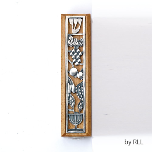 Boxwood Mezuzah with Metal Design - 5"