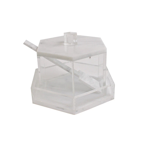 Lucite Hexagon Honey Dish With Base White Marble