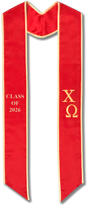 Chi Omega Graduation Stole - Red with Gold Embroidery