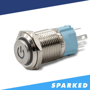Sparked Innovations Aluminum Latching 12V Push Button Switch SPDT Power Symbol Sparked Innovations Aluminum Latching 12V Push Button Switch SPDT Power Symbol