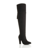 Front right side view of Black Suede High Heel Tassel Over The Knee Boots