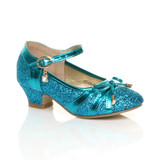Front right side view of Ice Queen Blue Low Heel Bow Diamante Court Shoes