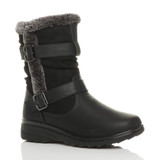 Front right side view of Black PU Low Mid Wedge Heel Grip Sole Winter Fur Lined Comfort Ankle Boots