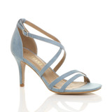 Front right side view of Pale Blue Suede Mid Heel Strappy Crossover Sandals
