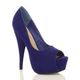 Front right side view of Cobalt Blue Suede High Heel Platform Peep Toe Court Shoes