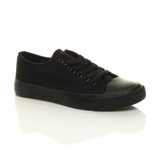Front right side view of Black Flat Lace Up Canvas Baseball Shoes Plimsolls Trainers