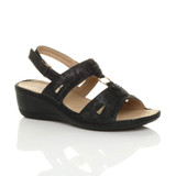 Front right side view of Black PU Mid Wedge Heel Diamante Strappy T-Bar Slingback Comfort Sandals