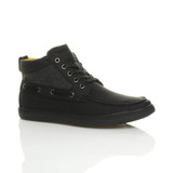 Front right side view of Black PU Flat Contrast Boat Hi-Top Trainers Ankle Boots