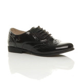 Front right side view of Black Patent Flat Lace Up Vintage Style Oxford Shoes Brogues