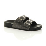 Front right side view of Black PU Flatform Double Buckle Diamante Footbed Sandals Flip Flops Sliders