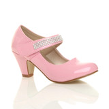 Front right side view of Baby Pink Patent Mid Heel Mary Jane Diamante Court Shoes