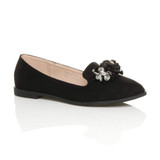 Front right side view of Black Suede Flat Flower Diamante Loafers Shoes