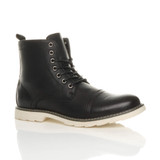 Front right side view of Black PU Lace Up Military Combat Ankle Boots