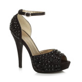 Front right side view of Black / Black Satin High Heel Ankle Strap Diamante Gem Platform Sandals
