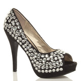 Front right side view of Black / White Satin High Heel Diamante Gem Peep Toe Court Shoes