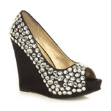 Front right side view of Black / White Satin High Heel Wedge Diamante Gem Peep Toe Shoes