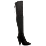 Front right side view of Black Suede High Block Heel Lace Up Corset Back Over The Knee Boots