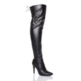 Front right side view of Black PU High Heel Stretch Lace Up Back Pointed Over The Knee Boots
