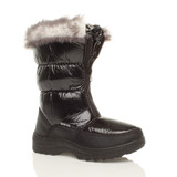Front right side view of Black Low Heel Padded Winter Snow Calf Boots