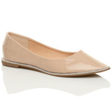 Front right side view of Beige Patent Flat Diamante Pointed Toe Ballerina Dolly Shoes