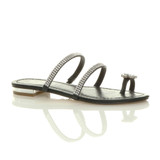 Front right side view of Black PU Flat Toe Ring Diamante Flip Flop Sandals