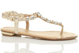 Front right side view of Gold PU Flat Slingback Diamante T-Bar Toe Post Sandals