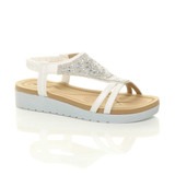Front right side view of White Low Wedge Heel Comfort Flatform Diamante T-Bar Slingback Sandals