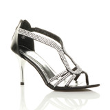 Front right side view of Black PU High Heel Strappy Diamante Sandals