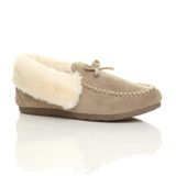 Front right side view of Beige Suede Fur Collar Lined Luxury Flexible Moccasins Slippers