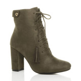 Front right side view of Khaki Suede High Block Heel Lace Up Tassel Ankle Boots
