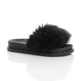 Front right side view of Black Fur Flatform Studded Fluffy Faux Fur Sliders Sandals