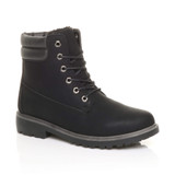 Front right side view of Black PU Low Heel Lace Up Chunky Fur Lined Military Work Ankle Boots 